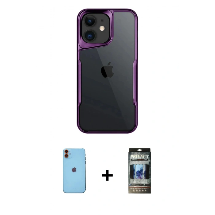 MARSİLYAN™- iPhone 11 Kılıf Akış Çizgi Koleksiyonu - Siyah 34D Hayalet Izgaralı Cam + Neon Fosforlu Kamera Lens - TU