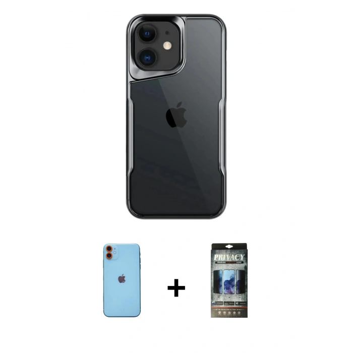 MARSİLYAN™- iPhone 11 Kılıf Akış Çizgi Koleksiyonu - Siyah 34D Hayalet Izgaralı Cam + Neon Fosforlu Kamera Lens - TU
