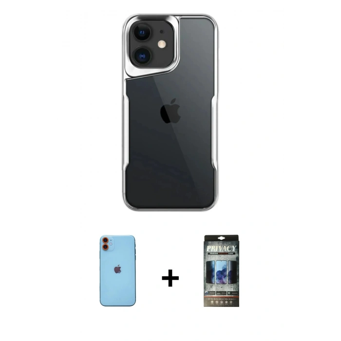 MARSİLYAN™- iPhone 11 Kılıf Akış Çizgi Koleksiyonu - Siyah 34D Hayalet Izgaralı Cam + Neon Fosforlu Kamera Lens - TU