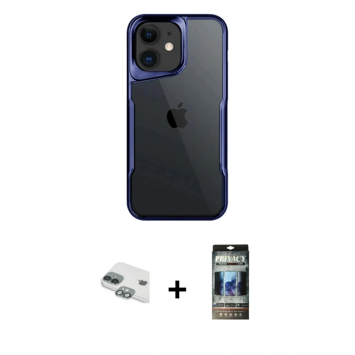 MARSİLYAN™- iPhone 11 Kılıf Akış Çizgi Koleksiyonu - Siyah 34D Hayalet Izgaralı Cam + Pers Alüminyum Kamera Lens - YL