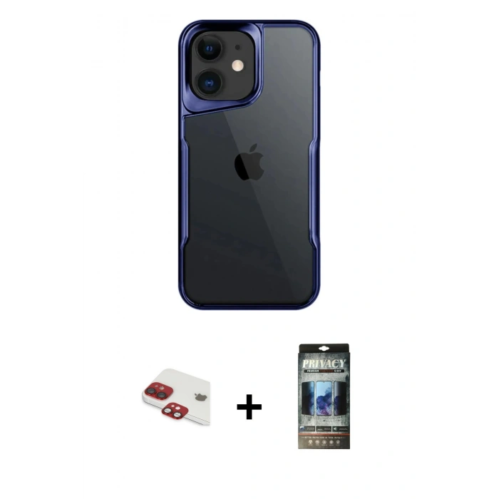 MARSİLYAN™- iPhone 11 Kılıf Akış Çizgi Koleksiyonu - Siyah 34D Hayalet Izgaralı Cam + Pers Alüminyum Kamera Lens - KI