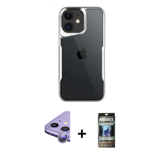 MARSİLYAN™- iPhone 11 Kılıf Akış Çizgi Koleksiyonu - Siyah 34D Hayalet Izgaralı Cam + Raze Metal Kamera Lens - MR