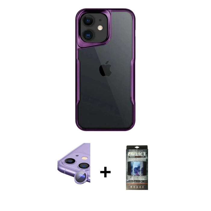 MARSİLYAN™- iPhone 11 Kılıf Akış Çizgi Koleksiyonu - Siyah 34D Hayalet Izgaralı Cam + Raze Metal Kamera Lens - MR
