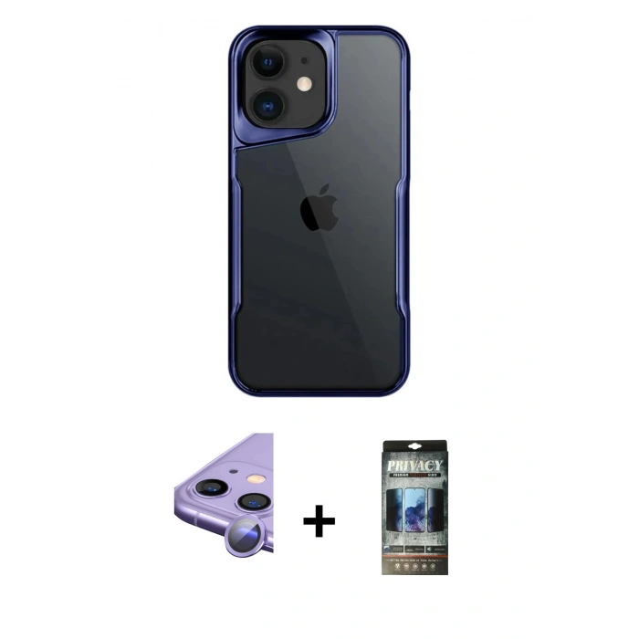 MARSİLYAN™- iPhone 11 Kılıf Akış Çizgi Koleksiyonu - Siyah 34D Hayalet Izgaralı Cam + Raze Metal Kamera Lens - MR