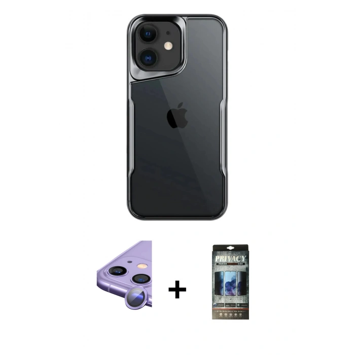 MARSİLYAN™- iPhone 11 Kılıf Akış Çizgi Koleksiyonu - Siyah 34D Hayalet Izgaralı Cam + Raze Metal Kamera Lens - MR