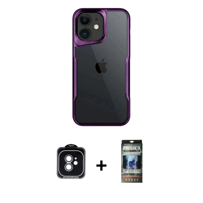 MARSİLYAN™- iPhone 11 Kılıf Akış Çizgi Koleksiyonu - Siyah 34D Hayalet Izgaralı Cam + PVD Metal Kamera Lens - YL