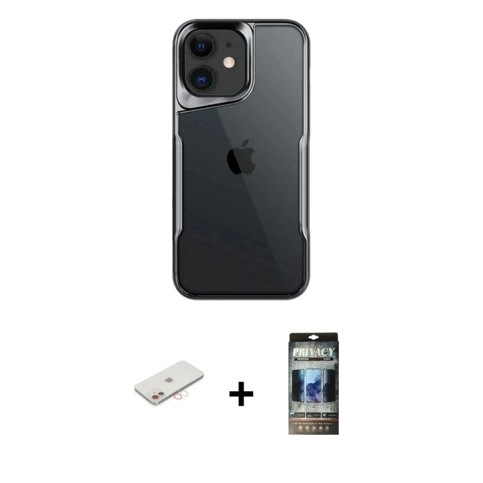 MARSİLYAN™- iPhone 11 Kılıf Akış Çizgi Koleksiyonu - Siyah 34D Hayalet Izgaralı Cam + Renkli Kamera Lens Koruma Cam - YL