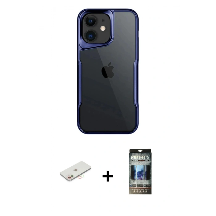 MARSİLYAN™- iPhone 11 Kılıf Akış Çizgi Koleksiyonu - Siyah 34D Hayalet Izgaralı Cam + Renkli Kamera Lens Koruma Cam - YL