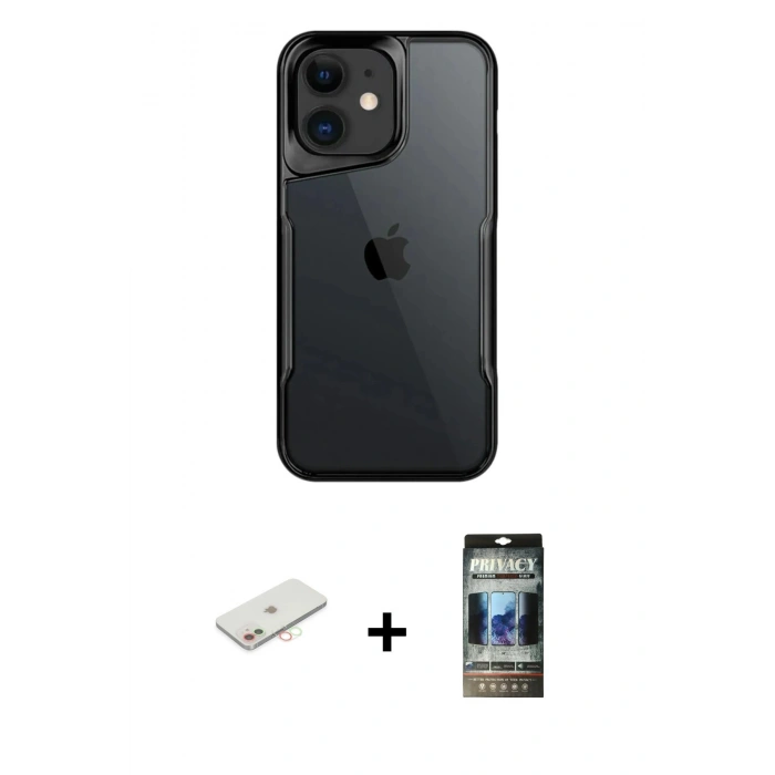 MARSİLYAN™- iPhone 11 Kılıf Akış Çizgi Koleksiyonu - Siyah 34D Hayalet Izgaralı Cam + Renkli Kamera Lens Koruma Cam - YL