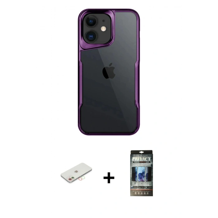 MARSİLYAN™- iPhone 11 Kılıf Akış Çizgi Koleksiyonu - Siyah 34D Hayalet Izgaralı Cam + Renkli Kamera Lens Koruma Cam - YL