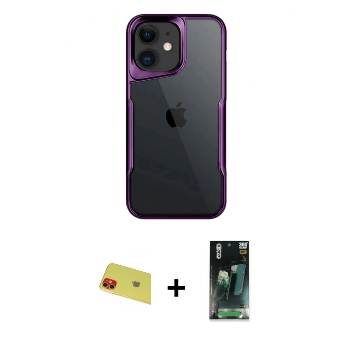 MARSİLYAN™- iPhone 11 Kılıf Akış Çizgi Koleksiyonu - Siyah 360 Mat Full Body Arka Koruyucu + Rainbow Kamera Lens Koruma Cam - KI
