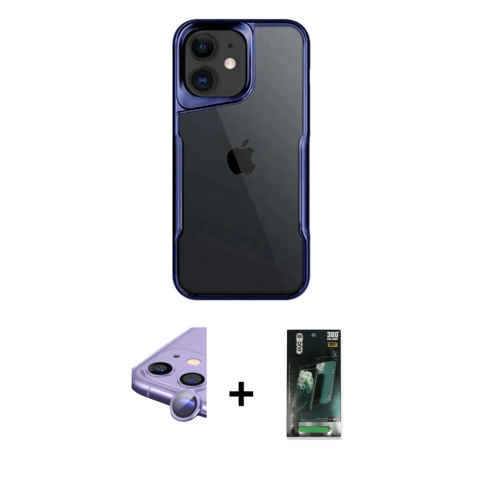 MARSİLYAN™- iPhone 11 Kılıf Akış Çizgi Koleksiyonu - Siyah 360 Mat Full Body Arka Koruyucu + Raze Metal Kamera Lens - MR