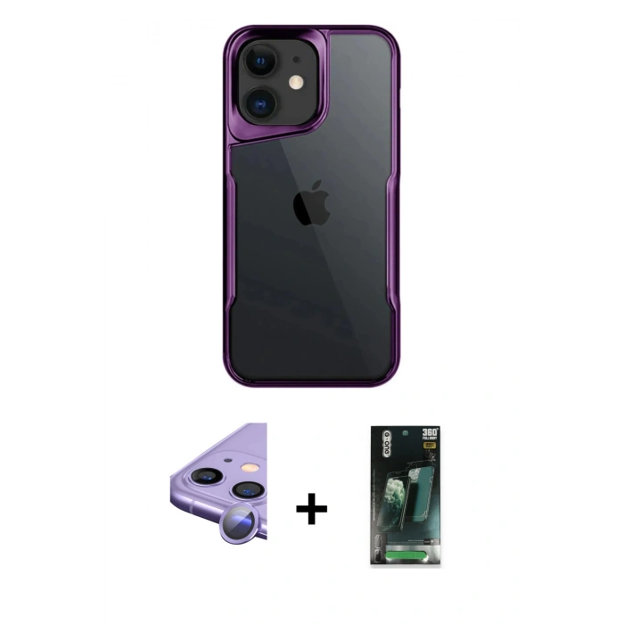 MARSİLYAN™- iPhone 11 Kılıf Akış Çizgi Koleksiyonu - Siyah 360 Mat Full Body Arka Koruyucu + Raze Metal Kamera Lens - MR