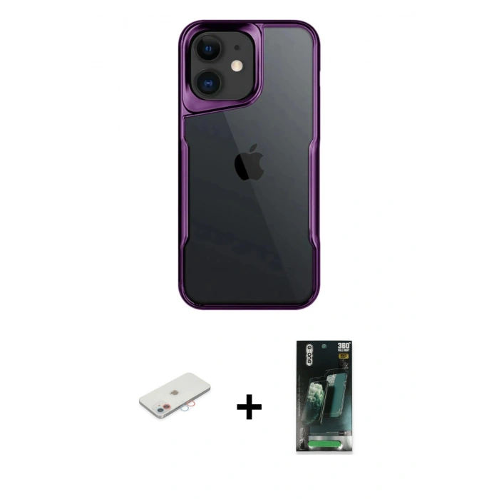 MARSİLYAN™- iPhone 11 Kılıf Akış Çizgi Koleksiyonu - Siyah 360 Mat Full Body Arka Koruyucu + Renkli Kamera Lens Koruma Cam - PE