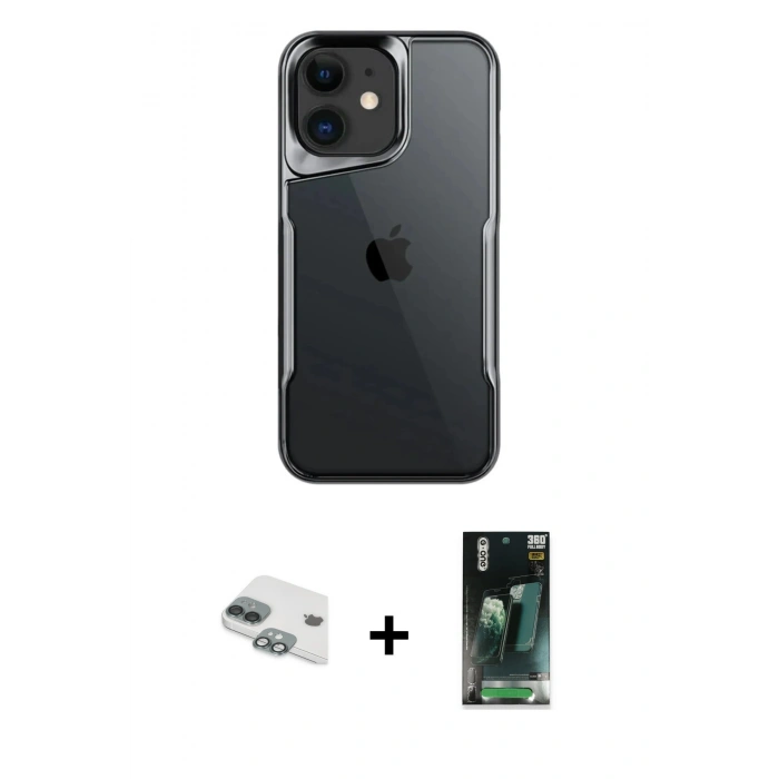 MARSİLYAN™- iPhone 11 Kılıf Akış Çizgi Koleksiyonu - Siyah 360 Mat Full Body Arka Koruyucu + Pers Alüminyum Kamera Lens - YL