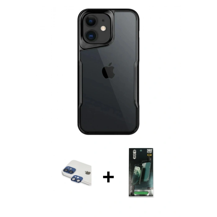 MARSİLYAN™- iPhone 11 Kılıf Akış Çizgi Koleksiyonu - Siyah 360 Mat Full Body Arka Koruyucu + Pers Alüminyum Kamera Lens - LT