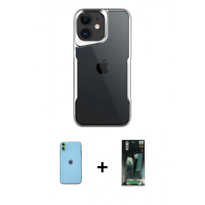 MARSİLYAN™- iPhone 11 Kılıf Akış Çizgi Koleksiyonu - Siyah 360 Mat Full Body Arka Koruyucu + Neon Fosforlu Kamera Lens - YL