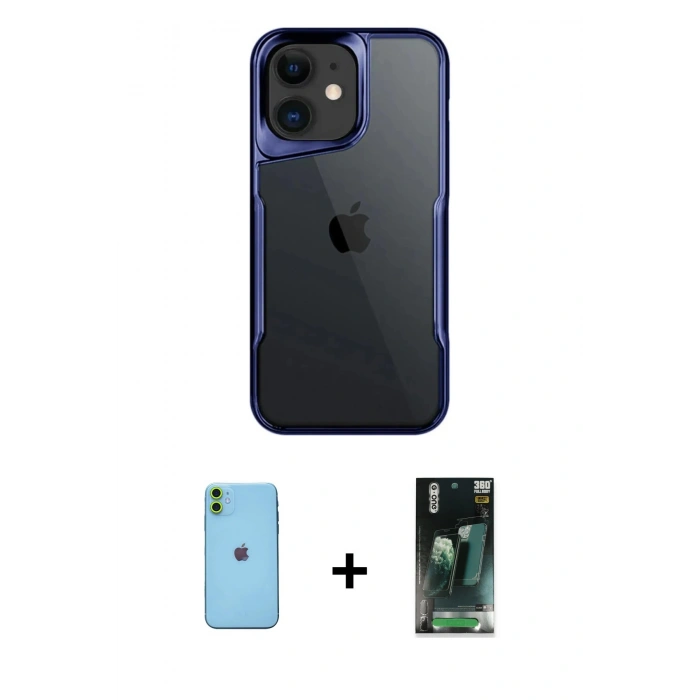 MARSİLYAN™- iPhone 11 Kılıf Akış Çizgi Koleksiyonu - Siyah 360 Mat Full Body Arka Koruyucu + Neon Fosforlu Kamera Lens - YL