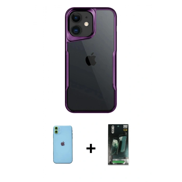 MARSİLYAN™- iPhone 11 Kılıf Akış Çizgi Koleksiyonu - Siyah 360 Mat Full Body Arka Koruyucu + Neon Fosforlu Kamera Lens - YL