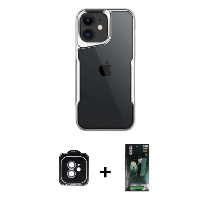 MARSİLYAN™- iPhone 11 Kılıf Akış Çizgi Koleksiyonu - Siyah 360 Mat Full Body Arka Koruyucu + Yeşil PVD Metal Kamera Lens