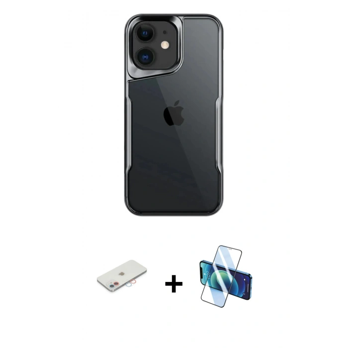 MARSİLYAN™- iPhone 11 Kılıf Akış Çizgi Koleksiyonu - Siyah 3D Antistatik Cam Ekran Koruyucu + Renkli Kamera Lens Koruma Cam - PE