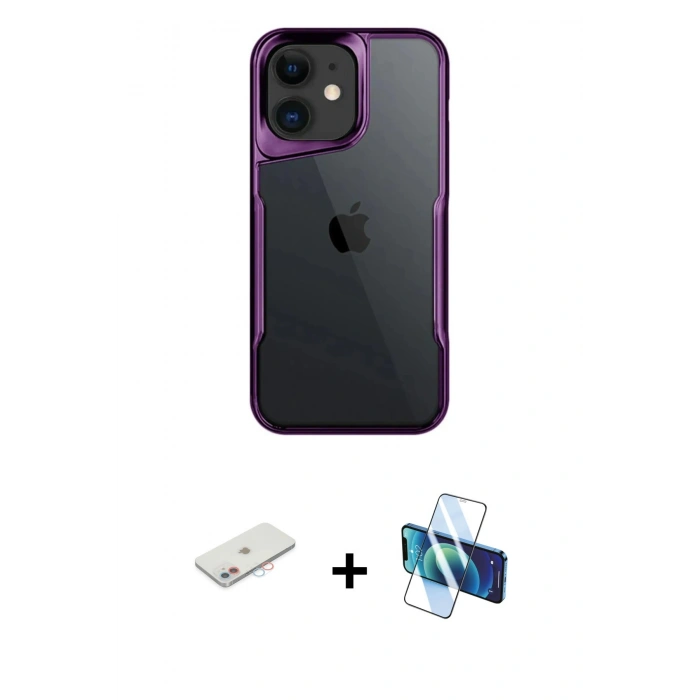 MARSİLYAN™- iPhone 11 Kılıf Akış Çizgi Koleksiyonu - Siyah 3D Antistatik Cam Ekran Koruyucu + Renkli Kamera Lens Koruma Cam - PE