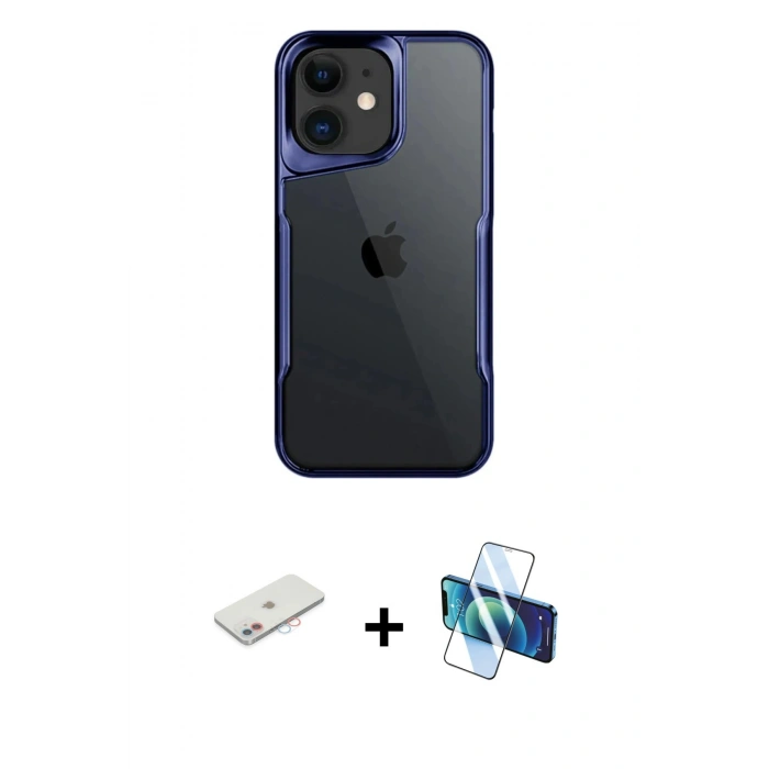 MARSİLYAN™- iPhone 11 Kılıf Akış Çizgi Koleksiyonu - Siyah 3D Antistatik Cam Ekran Koruyucu + Renkli Kamera Lens Koruma Cam - PE