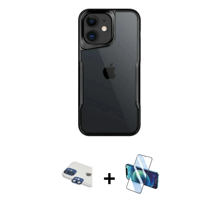 MARSİLYAN™- iPhone 11 Kılıf Akış Çizgi Koleksiyonu - Siyah 3D Antistatik Cam Ekran Koruyucu + Pers Alüminyum Kamera Lens - LT