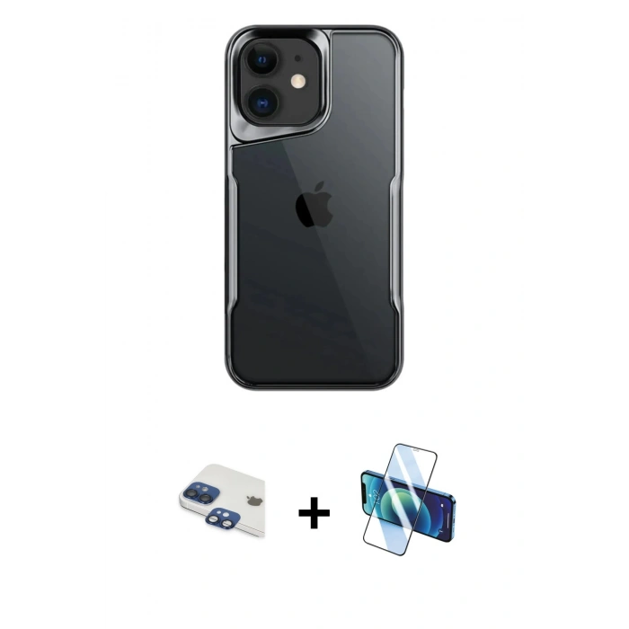 MARSİLYAN™- iPhone 11 Kılıf Akış Çizgi Koleksiyonu - Siyah 3D Antistatik Cam Ekran Koruyucu + Pers Alüminyum Kamera Lens - LT