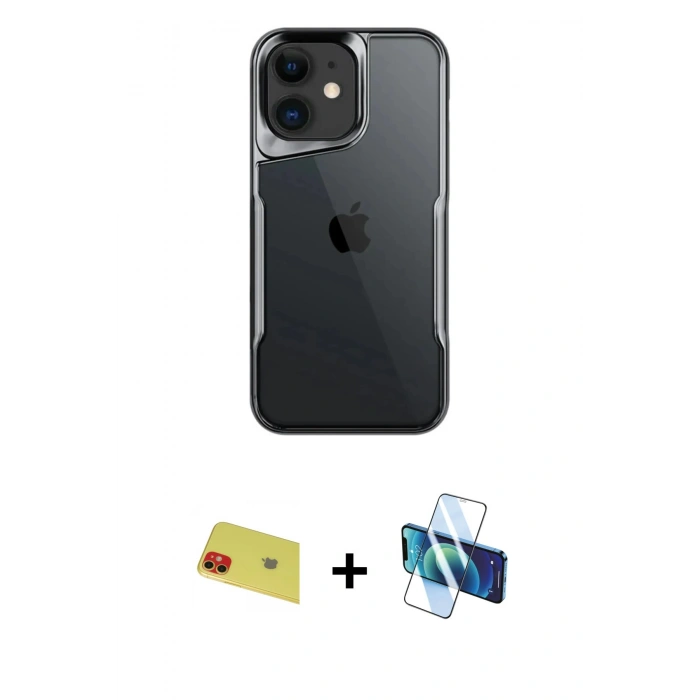 MARSİLYAN™- iPhone 11 Kılıf Akış Çizgi Koleksiyonu - Siyah 3D Antistatik Cam Ekran Koruyucu + Rainbow Kamera Lens Koruma Cam - KI