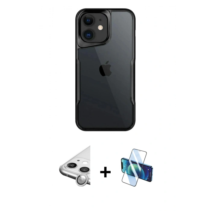 MARSİLYAN™- iPhone 11 Kılıf Akış Çizgi Koleksiyonu - Siyah 3D Antistatik Cam Ekran Koruyucu + Raze Metal Kamera Lens - GS