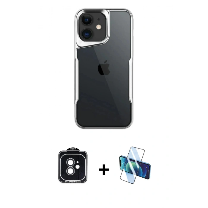MARSİLYAN™- iPhone 11 Kılıf Akış Çizgi Koleksiyonu - Siyah 3D Antistatik Cam Ekran Koruyucu + PVD Metal Kamera Lens - SH