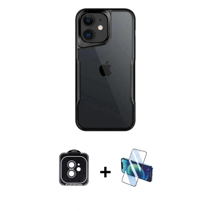 MARSİLYAN™- iPhone 11 Kılıf Akış Çizgi Koleksiyonu - Siyah 3D Antistatik Cam Ekran Koruyucu + PVD Metal Kamera Lens - SH