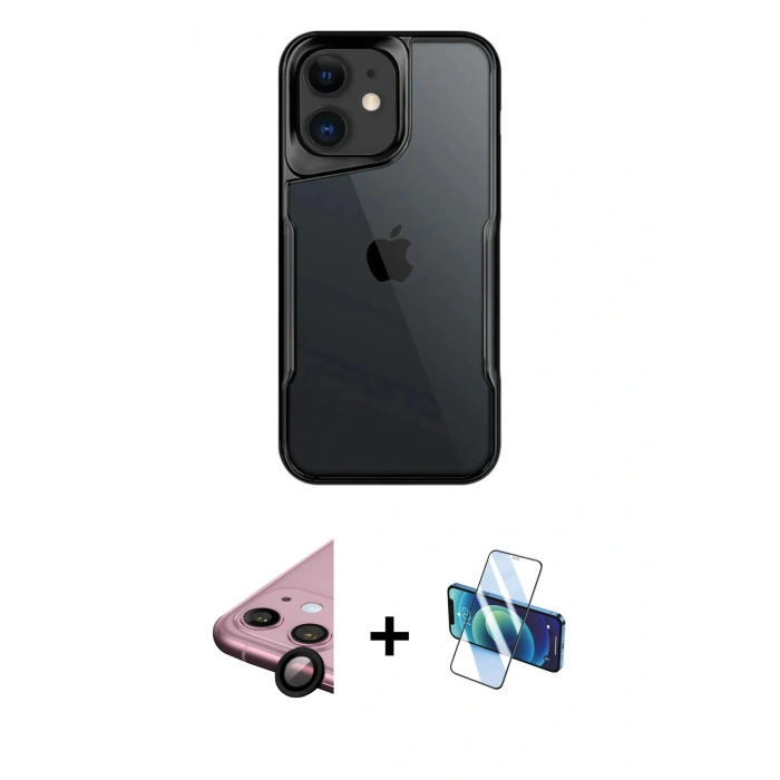 MARSİLYAN™- iPhone 11 Kılıf Akış Çizgi Koleksiyonu - Siyah 3D Antistatik Cam Ekran Koruyucu + Raze Metal Kamera Lens - SH