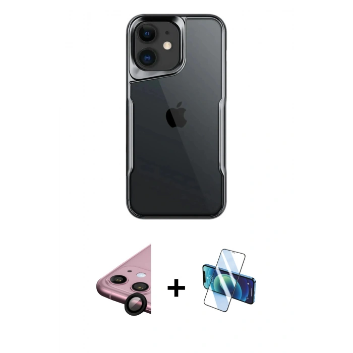 MARSİLYAN™- iPhone 11 Kılıf Akış Çizgi Koleksiyonu - Siyah 3D Antistatik Cam Ekran Koruyucu + Raze Metal Kamera Lens - SH