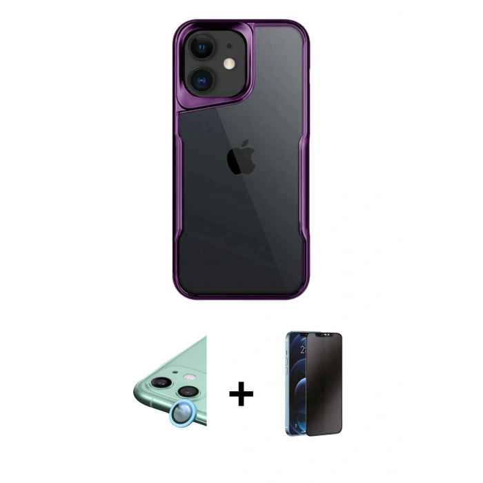 MARSİLYAN™- iPhone 11 Kılıf Akış Çizgi Koleksiyonu - Siyah 3D Antistatik Hayalet Cam Ekran Koruyucu + Raze Metal Kamera Lens - MI