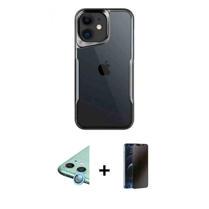 MARSİLYAN™- iPhone 11 Kılıf Akış Çizgi Koleksiyonu - Siyah 3D Antistatik Hayalet Cam Ekran Koruyucu + Raze Metal Kamera Lens - MI