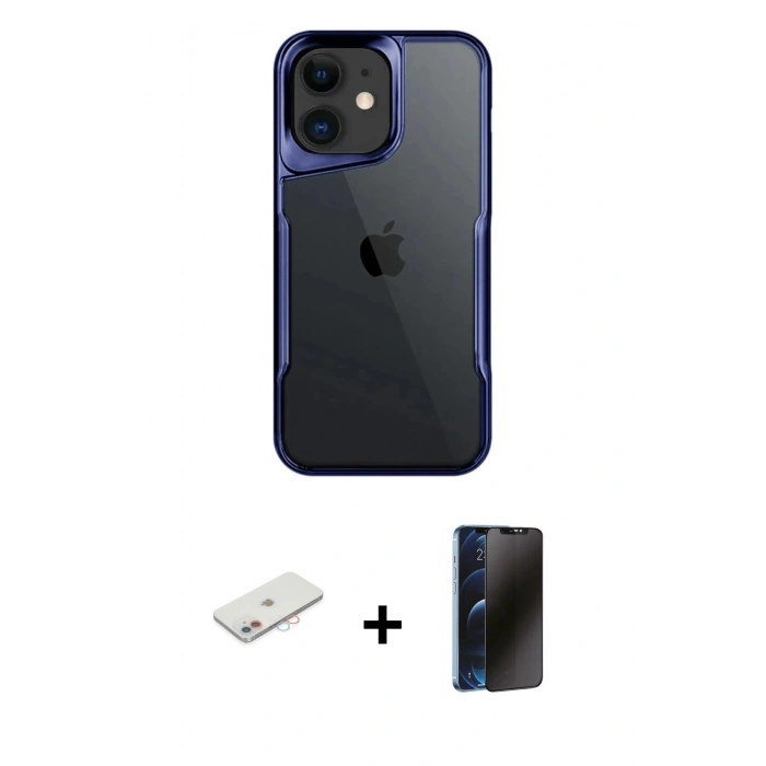 MARSİLYAN™- iPhone 11 Kılıf Akış Çizgi Koleksiyonu - Siyah 3D Antistatik Hayalet Cam Ekran Koruyucu + Renkli Kamera Lens Koruma Cam - PE