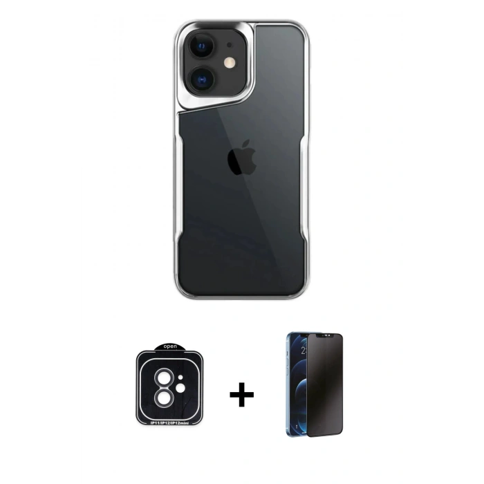 MARSİLYAN™- iPhone 11 Kılıf Akış Çizgi Koleksiyonu - Siyah 3D Antistatik Hayalet Cam Ekran Koruyucu + PVD Metal Kamera Lens - SH