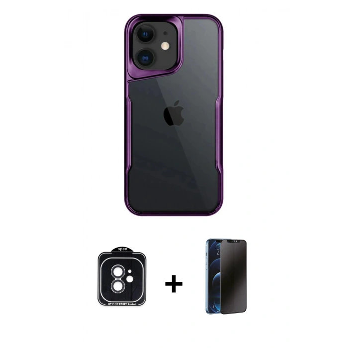 MARSİLYAN™- iPhone 11 Kılıf Akış Çizgi Koleksiyonu - Siyah 3D Antistatik Hayalet Cam Ekran Koruyucu + PVD Metal Kamera Lens - SH