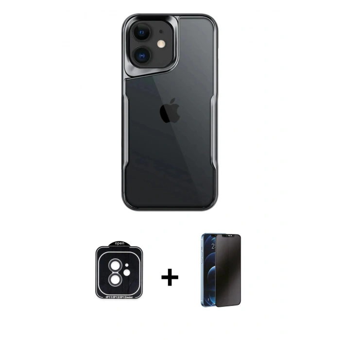 MARSİLYAN™- iPhone 11 Kılıf Akış Çizgi Koleksiyonu - Siyah 3D Antistatik Hayalet Cam Ekran Koruyucu + PVD Metal Kamera Lens - SH