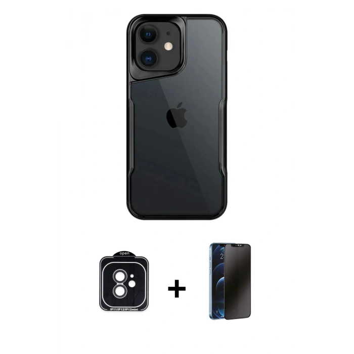 MARSİLYAN™- iPhone 11 Kılıf Akış Çizgi Koleksiyonu - Siyah 3D Antistatik Hayalet Cam Ekran Koruyucu + PVD Metal Kamera Lens - SH