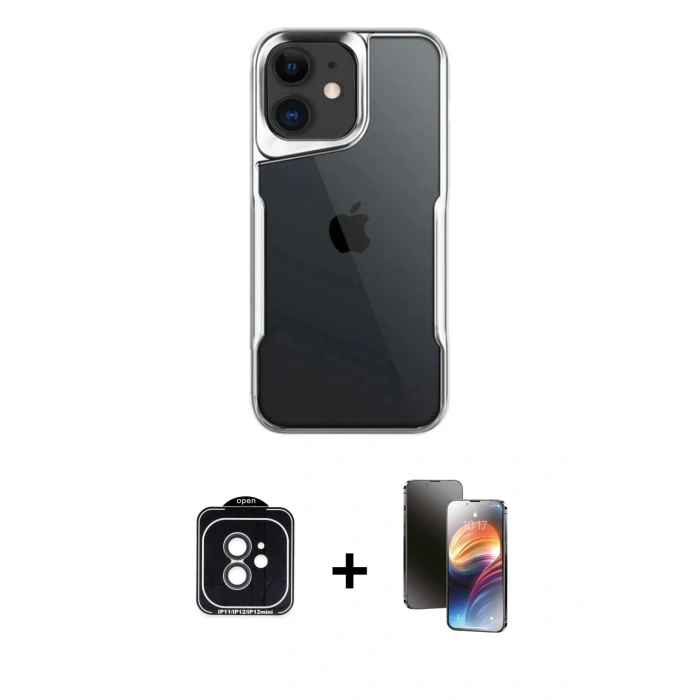 MARSİLYAN™- iPhone 11 Kılıf Akış Çizgi Koleksiyonu - Siyah 3D Antistatik Mat Seramik Nano Ekran Koruyucu + Siyah PVD Metal Kamera Lens