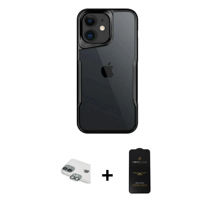 MARSİLYAN™- iPhone 11 Kılıf Akış Çizgi Koleksiyonu - Siyah 6D Antistatik Mat Seramik Hayalet Nano Ekran Koruyucu + Pers Alüminyum Kamera Lens - YL