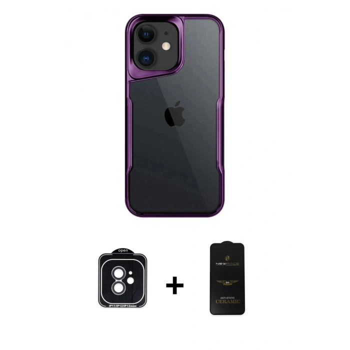 MARSİLYAN™- iPhone 11 Kılıf Akış Çizgi Koleksiyonu - Siyah 6D Antistatik Mat Seramik Hayalet Nano Ekran Koruyucu + PVD Metal Kamera Lens - SH