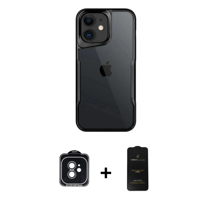 MARSİLYAN™- iPhone 11 Kılıf Akış Çizgi Koleksiyonu - Siyah 6D Antistatik Mat Seramik Hayalet Nano Ekran Koruyucu + PVD Metal Kamera Lens - SH