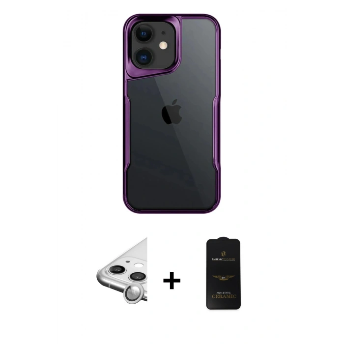 MARSİLYAN™- iPhone 11 Kılıf Akış Çizgi Koleksiyonu - Siyah 6D Antistatik Mat Seramik Hayalet Nano Ekran Koruyucu + Raze Metal Kamera Lens - GS