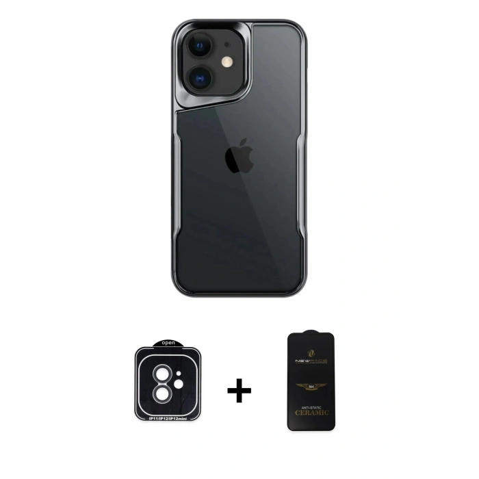 MARSİLYAN™- iPhone 11 Kılıf Akış Çizgi Koleksiyonu - Siyah 6D Antistatik Mat Seramik Hayalet Nano Ekran Koruyucu + PVD Metal Kamera Lens - SH