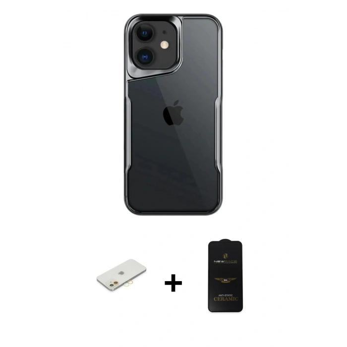 MARSİLYAN™- iPhone 11 Kılıf Akış Çizgi Koleksiyonu - Siyah 6D Antistatik Mat Seramik Hayalet Nano Ekran Koruyucu + Renkli Kamera Lens Koruma Cam - TU
