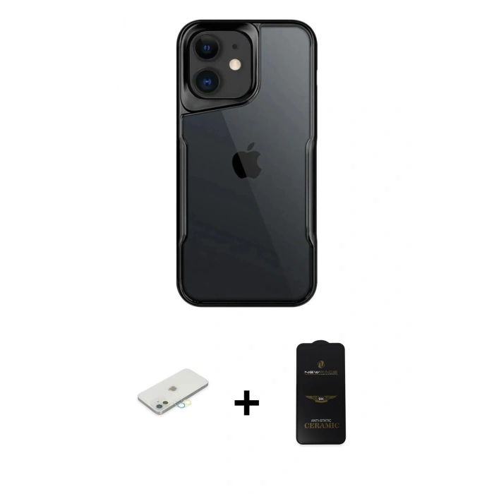 MARSİLYAN™- iPhone 11 Kılıf Akış Çizgi Koleksiyonu - Siyah 6D Antistatik Mat Seramik Hayalet Nano Ekran Koruyucu + Renkli Kamera Lens Koruma Cam - SI